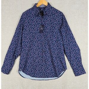 WRK Mens Floral Dress Shirt Navy Blue 4-Way Stretch Regular Fit Size 16 NEW